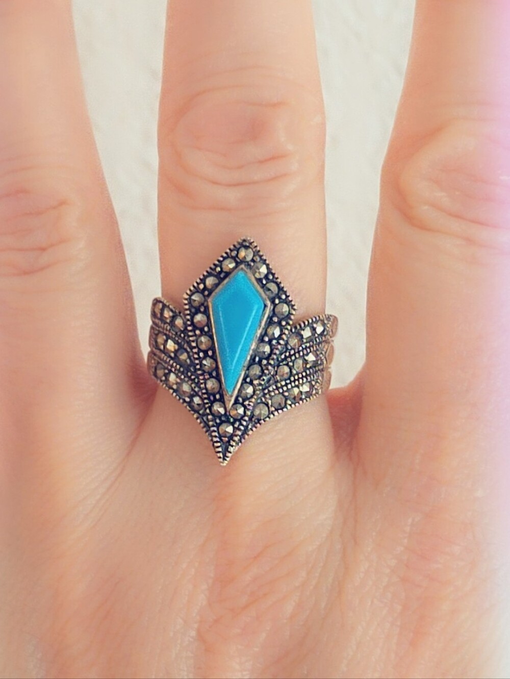 Turquoise & Marcasite Sterling Gemstone Ring Sz 9